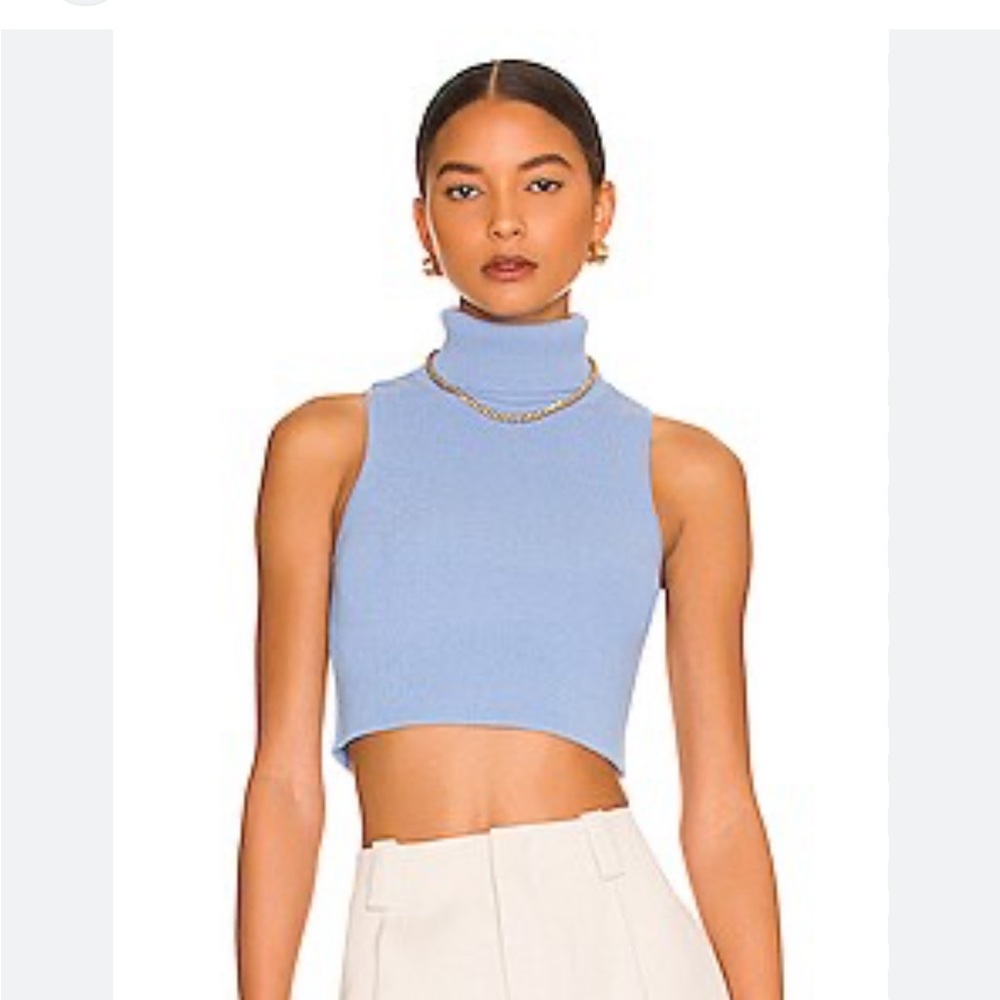 REVOLVE BARDOT Thea Knit crop Top in Cornflower, sleeveless turtleneck